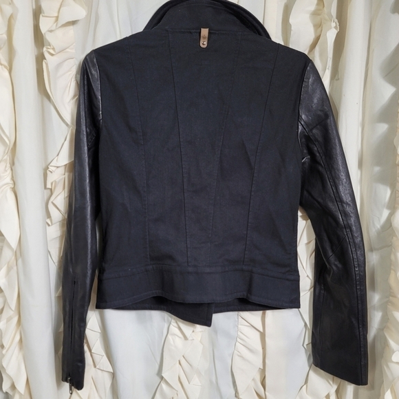 Mackage Andra Moto Jacket in Black Denim with Lamb Leather Sleeves Small - Picture 9 of 12
